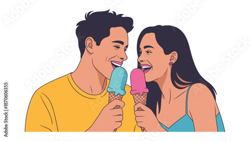 A Sweet Moment: A cheerful couple share an ice cream cone, their eyes locked in an expression of joy, painted with cheerful brushstrokes, a delicious treat and a shared moment of simple pleasures.
