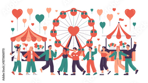 Celebratory Gathering at the Fair: Joyful moments unfold as a cheerful group gathers at a lively carnival, celebrating with balloons, attractions and games, a visual symphony of excitement and fun.