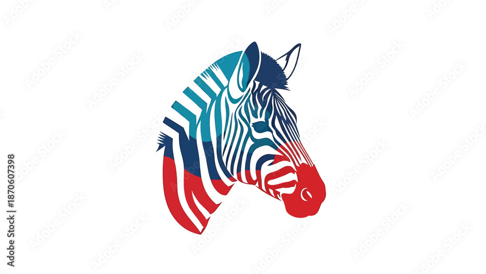 Naklejka premium Vibrant zebra head illustration with colorful stripes and artistic design on white background.