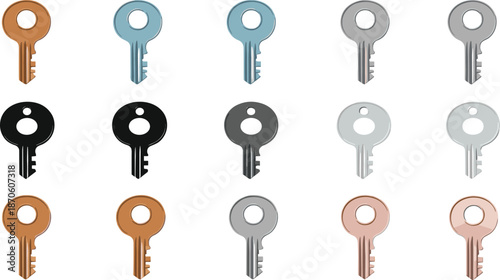Set of colorful keys in 4x4 grid, varied shapes and metallic tones for security, pattern, and design illustration
