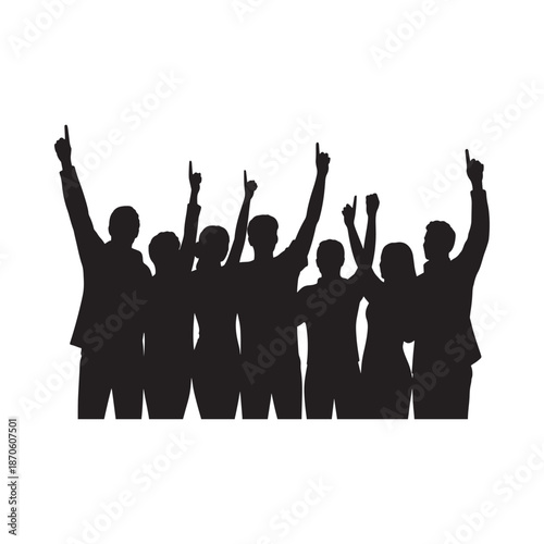 Group of people silhouettes raising hands in celebration together