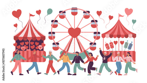 A Celebration of Love at the Carnival: The image captures a group of people enjoying the carnival, with Ferris wheel, heart shapes, balloons and tents.