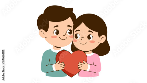 Together in Heartfelt Harmony: A tender couple holds a vibrant heart symbol, their faces alight with mutual affection and shared love, symbolizing unity and partnership.