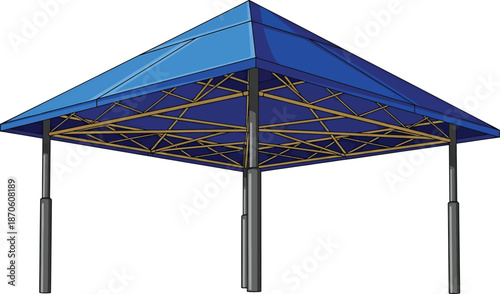Blue hexagonal canopy tent structure viewed from below with wooden support beams