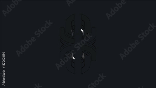 Abstract black shape with white highlights on a dark background, minimalist design.