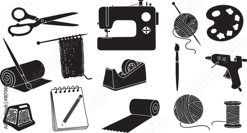 Sewing and crafting tools illustration set black