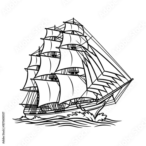 Handdrawn black and white line art of a majestic threemasted tall ship sailing on waves with full sails.