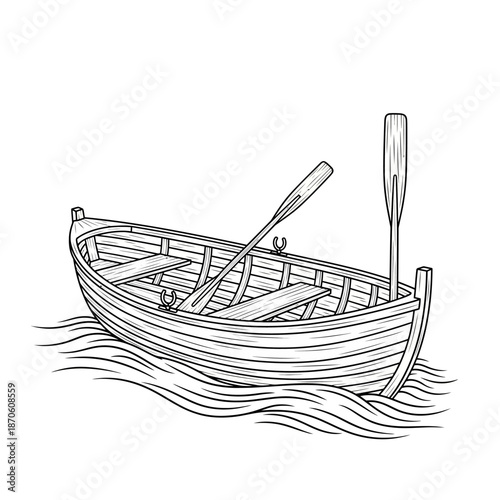 Handdrawn wooden rowboat with two oars floating on stylized water line art.