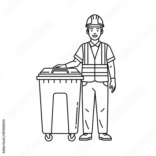 Line art illustration of a smiling sanitation worker in a hard hat and safety vest next to a wheeled trash bin.