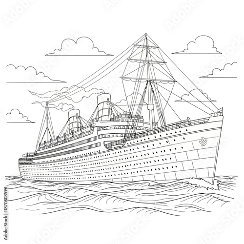 Majestic vintage ocean liner with smokestacks and masts depicted in a detailed black and white line art style.