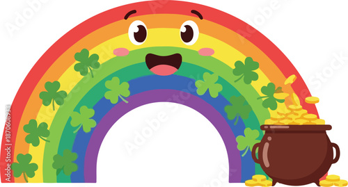 A vibrant rainbow with a smiling face and shamrocks ends at a pot overflowing with gold coins