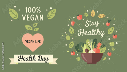 Colorful vegan lifestyle illustration with fruits vegetables heart ribbon banners promoting healthy living plant based diet eco friendly health day