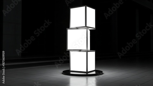 A sleek, modern lamp with three stacked, glowing cubes on a dark, reflective floor, viewed from a slight angle