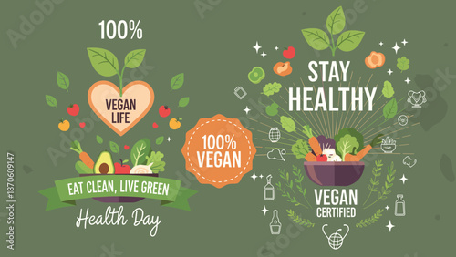 Colorful vegan lifestyle illustration promoting healthy living with vegetables, fruits, eco friendly design, organic food, wellness, and sustainability concept art