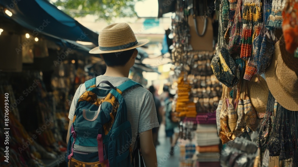 Obraz premium Tourist explores bustling Asian market street