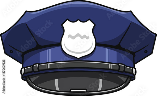 Blue police officer cap with badge and brim, official uniform accessory