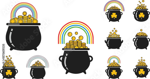 Collection of golden pots with rainbow illustrations on a white background