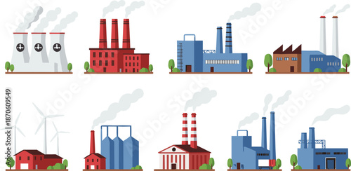 Set of flat vector illustrations featuring various industrial factory buildings power plants manufacturing facilities and warehouses with smoking chimneys and green trees.