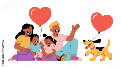 Family bond: A happy family is shown in the image, accompanied by a joyful dog and heart-shaped balloons, celebrating love, harmony, and togetherness