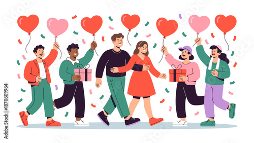 Couple Celebration amidst Friends: A loving couple strolls through a joyous gathering, surrounded by friends holding heart-shaped balloons and gift boxes, symbolizing love and celebration. 