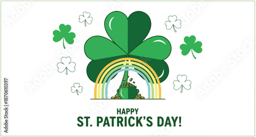 A festive St. Patrick's Day illustration featuring a shamrock and a pot of gold at the end of a rainbow