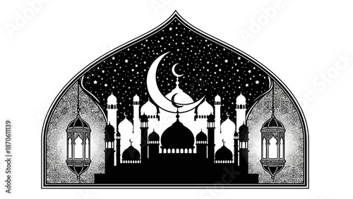 Elegant monochrome silhouette of a mosque with crescent moon and stars for Ramadan