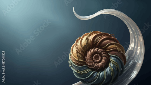 Artistic depiction of a nautilus shell on a shimmering glass arc against deep blue background