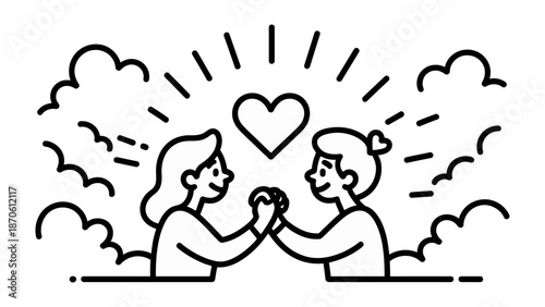 Love and Connection: Two figures, united by a bond of affection, hold hands as a heart above them radiates warmth and tenderness. A celebration of relationship and romance