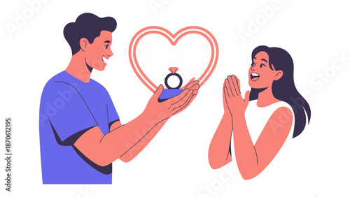 A proposal moment: A joyful man offers a ring to a woman, the symbol of love highlighted in the heart shape background. An emotional scene in this illustration.