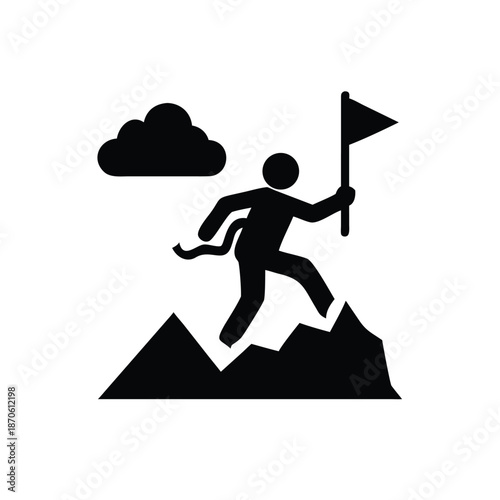 Silhouette of hiker reaching summit with flag