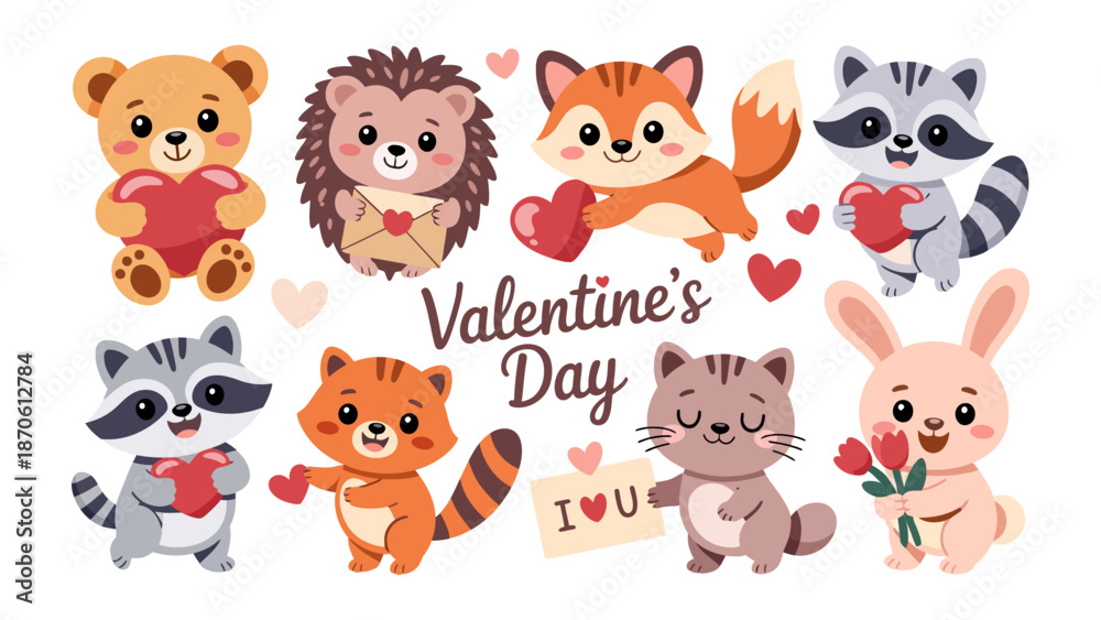 Obraz premium Sweetheart Animals' Valentine: A charming tableau of adorable animals, each clutching hearts and tokens of affection, gather to celebrate Valentine's Day. 