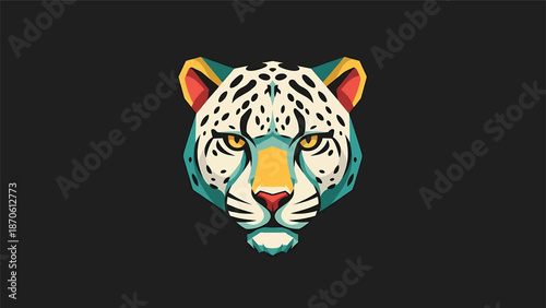 Artistic leopard face illustration with vibrant colors and geometric design.