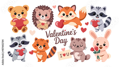 Sweetheart Animals' Valentine: A charming tableau of adorable animals, each clutching hearts and tokens of affection, gather to celebrate Valentine's Day. 