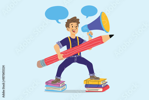 startup business concept, happy young entrepreneur  man holding megaphone and pencil standing on book, broadcasting job, cartoon vector 