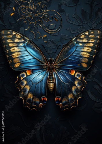 A close-up view unveils the exquisite details of a vibrant butterfly, its wings displaying an intricate tapestry of blue and gold, creating a captivating visual symphony of nature and artistry.