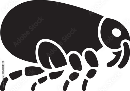 Side view silhouette icon of a small flea insect body showing legs isolated on clear surface