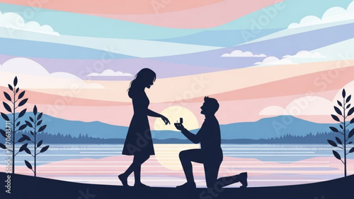 Man Proposing to Woman on One Knee by the Lake at Sunset