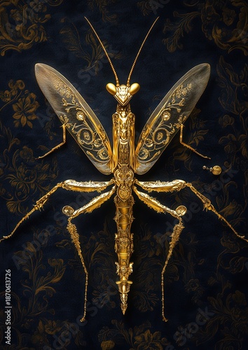 An intricately designed, golden insect, possibly a praying mantis, is displayed against a backdrop of dark, floral, possibly vintage, wallpaper. 
