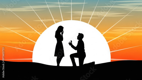 Man Proposing to Woman on One Knee during Sunset