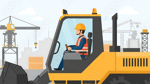 Construction Worker Operating a Bulldozer on a Busy Building Site with Cranes and Structures in the Background