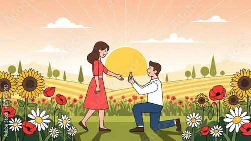 Man Proposing to Woman in Sunflower Field during Sunset