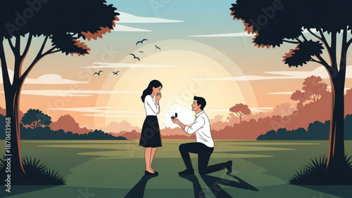 Man Proposing to Woman in Park during Sunset
