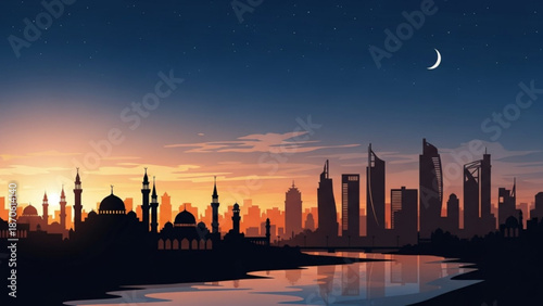 Islamic City Skyline at Sunset with Crescent Moon over River