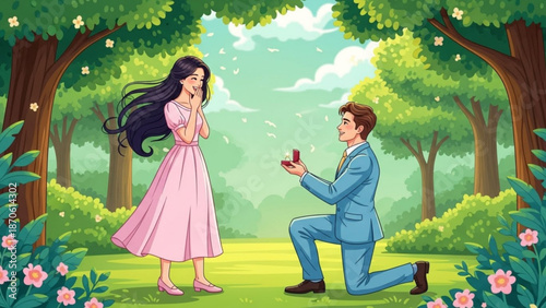 Man Proposing to Woman in Pink Dress Kneeling in Forest during Sunny Day