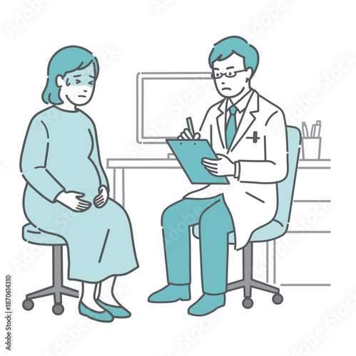 体調不良を訴える妊婦と男性医師（白衣・産婦人科・救急）