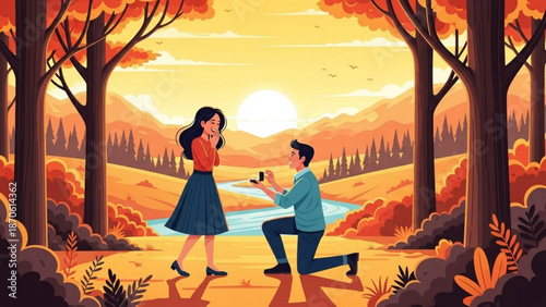 Man Proposing to Woman in Forest during Sunset