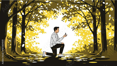 Man Proposing to Girlfriend in Yellow Forest during Autumn, Kneeling with Ring Box Open