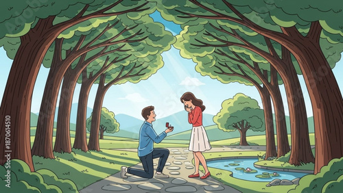 Man Proposing to Woman in a Serene Forest Archway during Daytime
