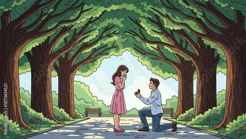 Man Proposing to Woman in Tree Lined Pathway during Romantic Moment