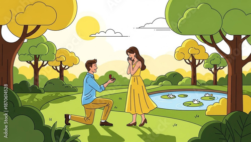 Man Proposing to Woman in Yellow Dress by Pond during Sunset in Cartoon Style